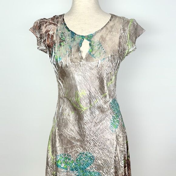Komarov Signature Crinkle Shiny Dress Butterfly Print Fit & Flare Cap Sleeves L - Picture 3 of 15
